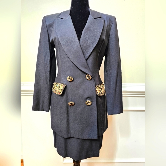 Cache Vintage Women's Skirt Suit Black with Embellished Pockets & Buttons Size 6 - Picture 1 of 11
